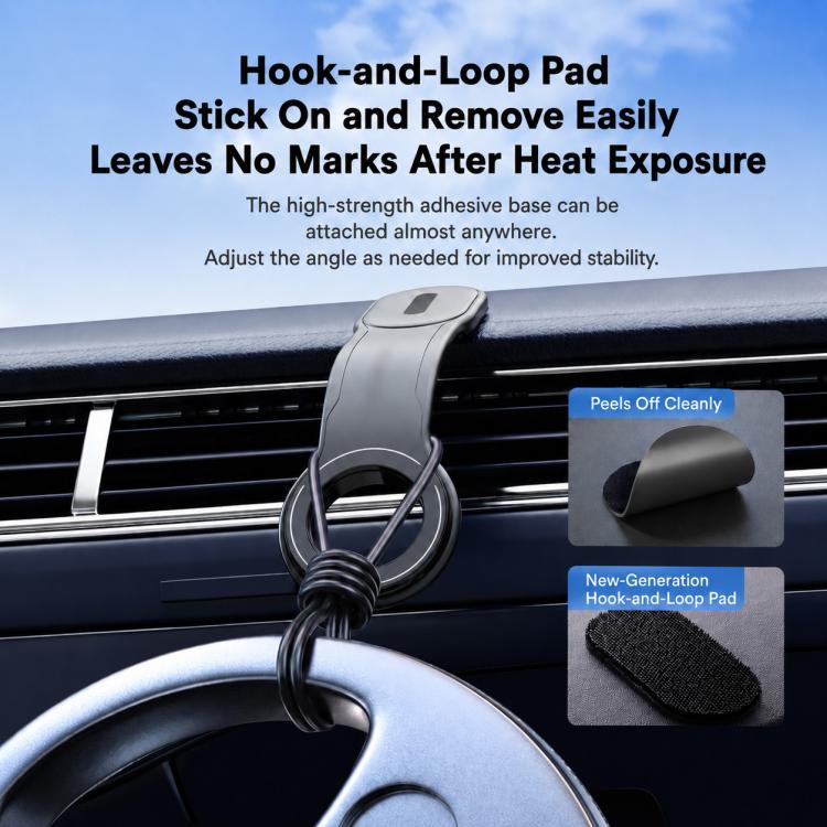 Magnetic car phone mount with included hook-and-loop pad for dashboard placement