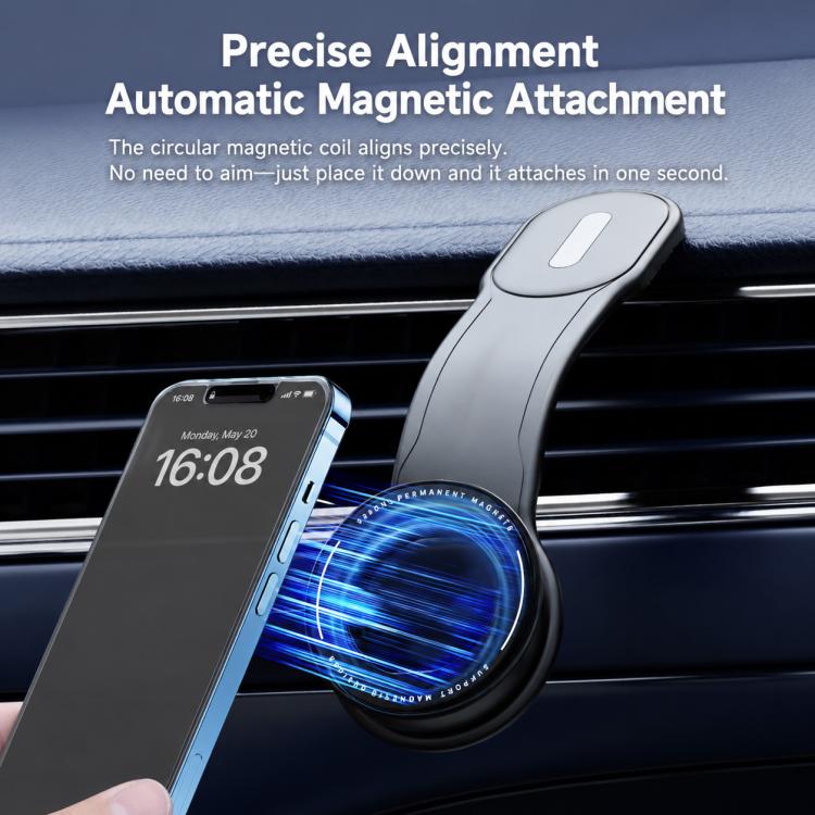 Magnetic car phone mount with circular alignment ring holding a phone on the dashboard vent