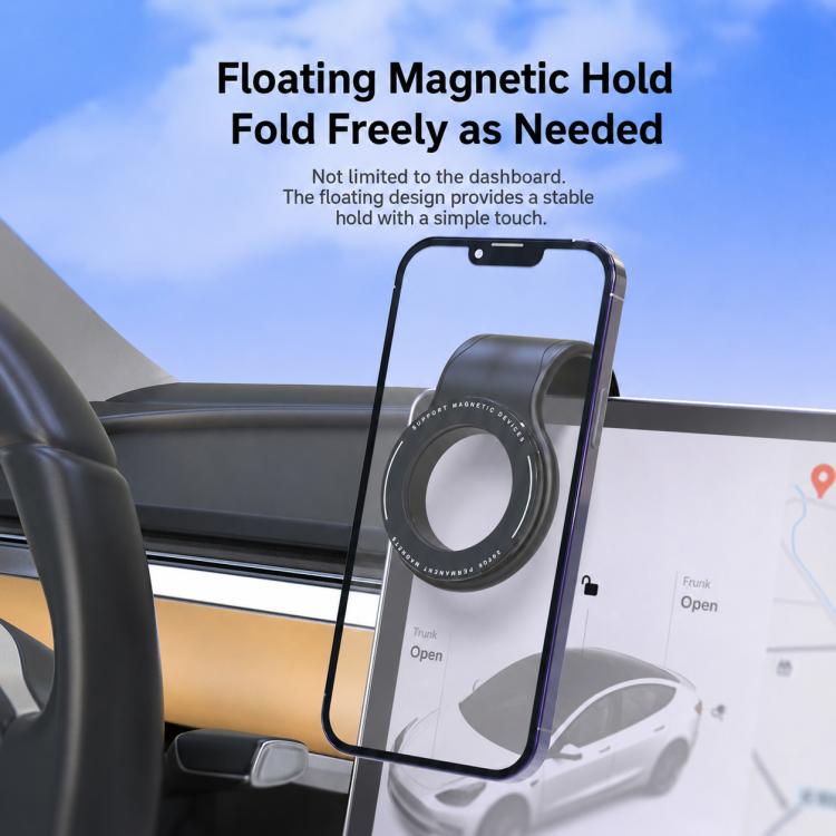 Floating magnetic car phone mount holding a phone vertically on the dashboard