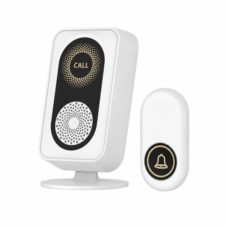 Wireless caregiver call receiver and waterproof call button, white with bell indicator