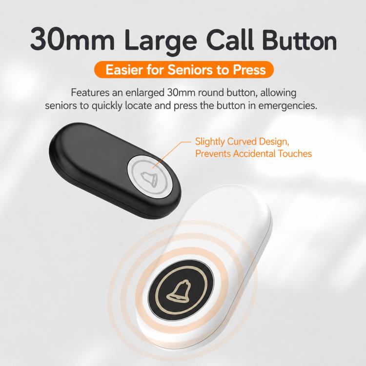 30mm round wireless call button and receiver, black and white with bell icon