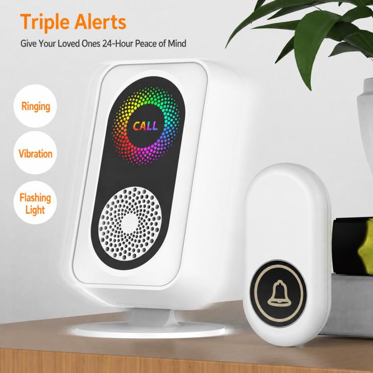 White caregiver call receiver with remote button, showing call alert indicator lights