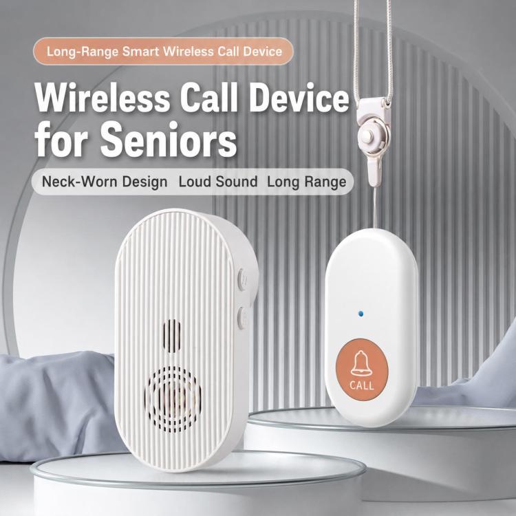 White wireless call receiver and handheld call button on a table near a bed