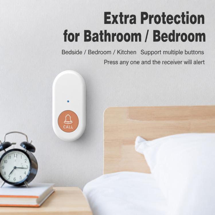 Wall-mounted call receiver with orange CALL icon near a bed