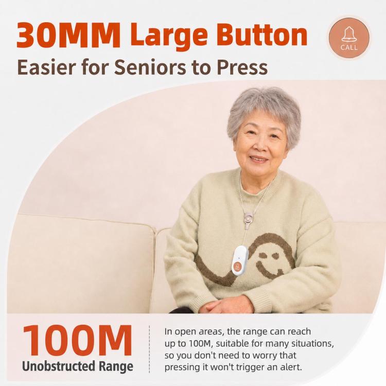 White handheld call button device held by a person, orange call icon on top