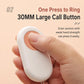 Hand pressing a white large call button device with orange call icon