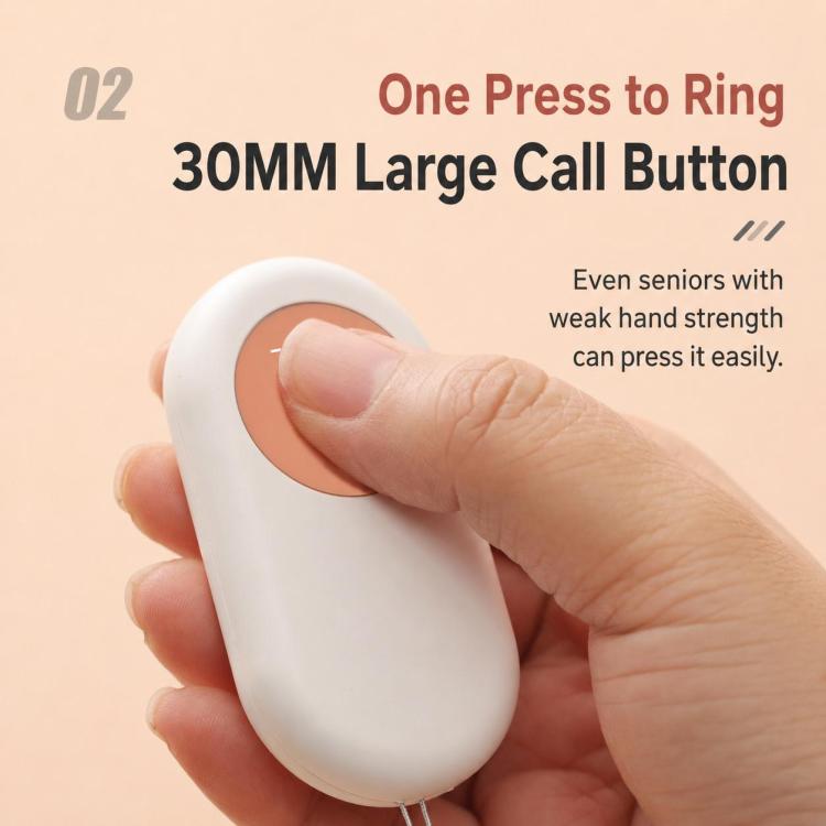 Hand pressing a white large call button device with orange call icon