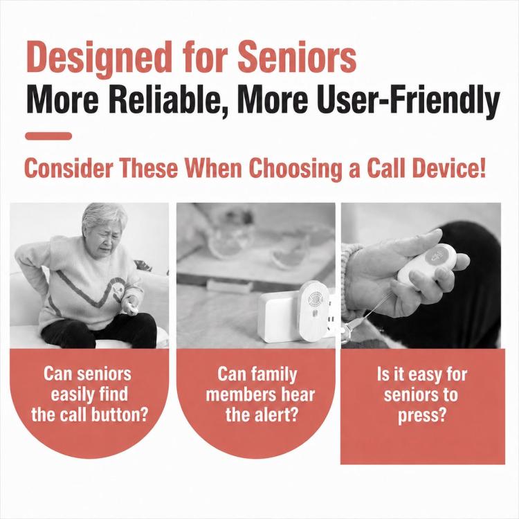 Wireless call devices shown in use, including a small handheld call button