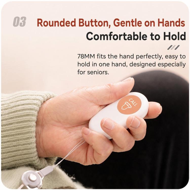 White rounded call button device in a hand, orange call icon on top