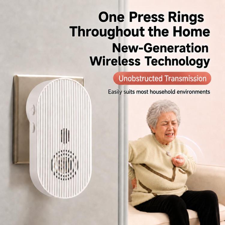 White wall-mounted call receiver and handheld call button used in a home setting