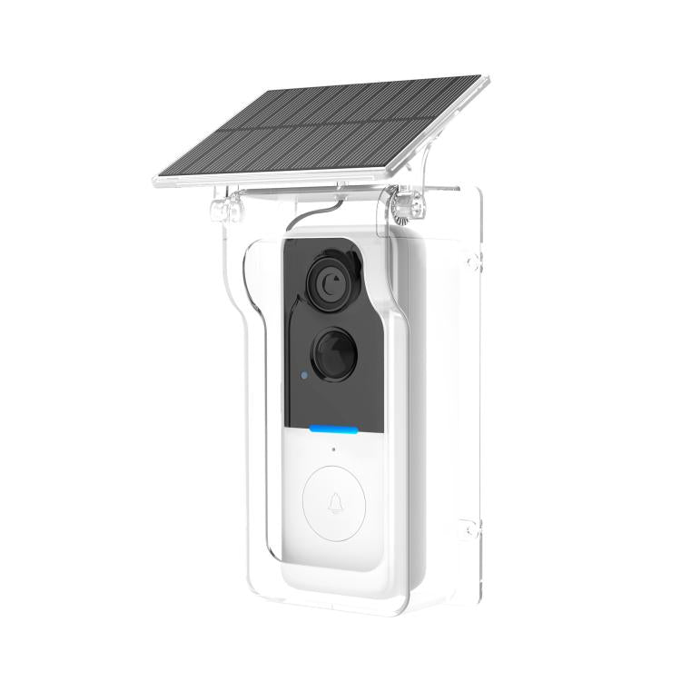 Smart video doorbell camera in clear rain cover with mounted solar panel.