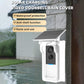 Outdoor video doorbell camera with clear rain cover and solar charging panel.