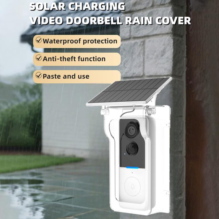 Outdoor video doorbell camera with clear rain cover and solar charging panel.