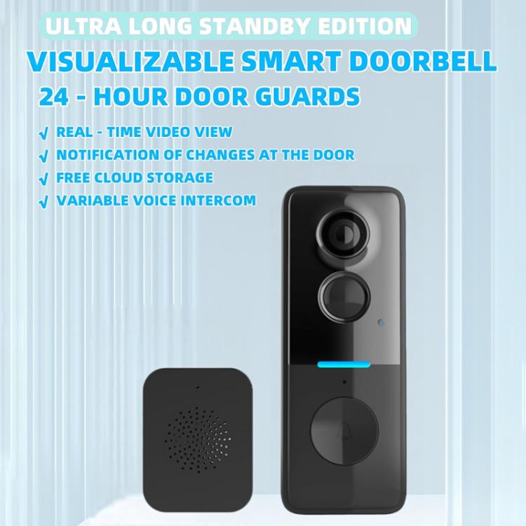 Black smart doorbell camera with two lenses and blue status light.