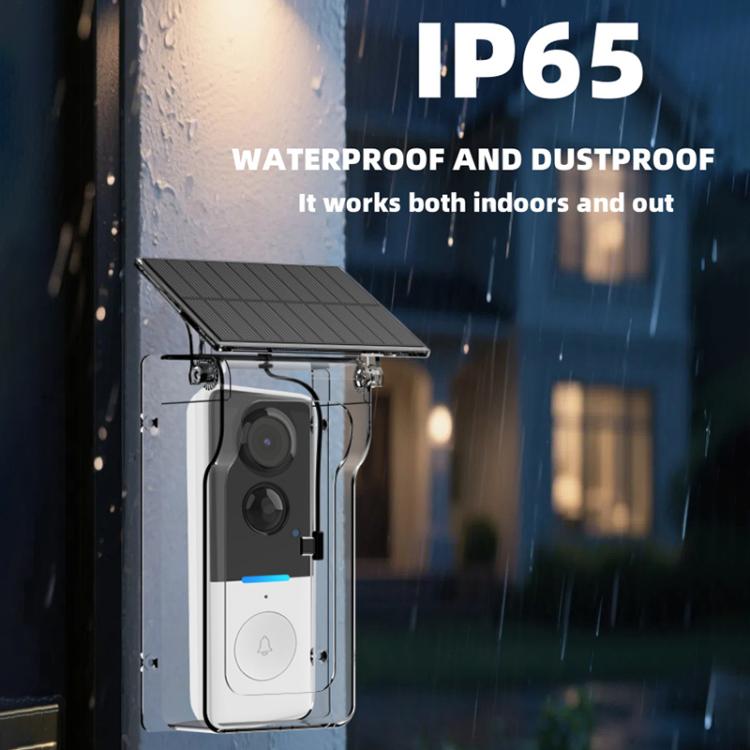 Doorbell camera in rain cover with solar panel, shown in wet outdoor scene.