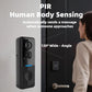 Black doorbell camera with dual lenses and blue indicator bar.