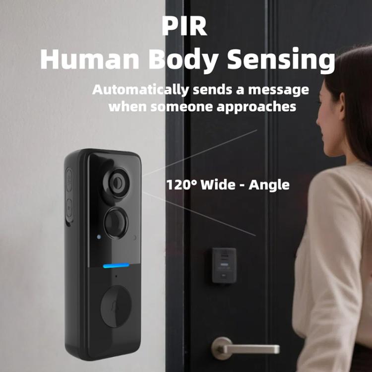 Black doorbell camera with dual lenses and blue indicator bar.