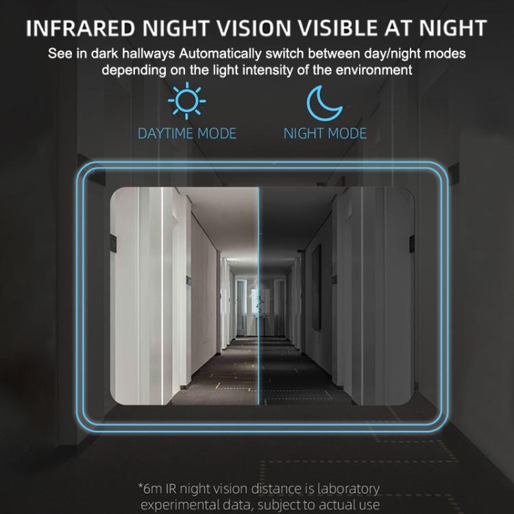 Doorbell camera night-vision display showing a hallway view in a blue frame.
