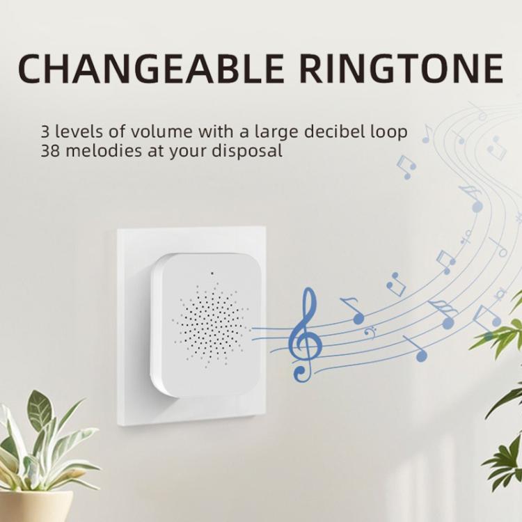 White doorbell chime with speaker grille and circular control panel.