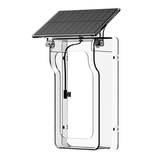 Transparent outdoor solar rain cover with top solar panel and clear doorbell enclosure