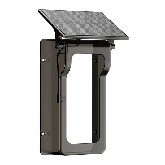 Dark outdoor solar rain cover with top solar panel and clear doorbell window