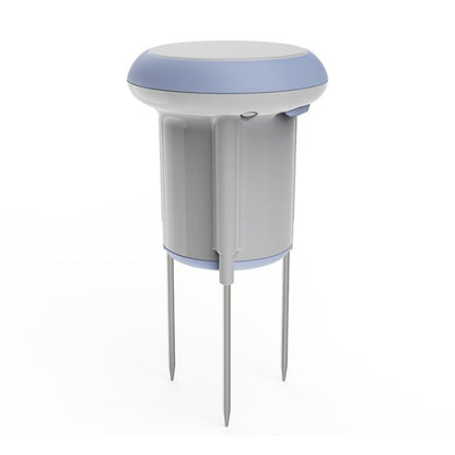 White and blue smart soil sensor stake with rounded cap and two pointed probes