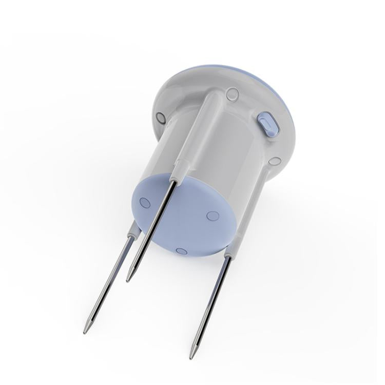 Smart soil sensor with two metal probes and rounded blue-and-white housing