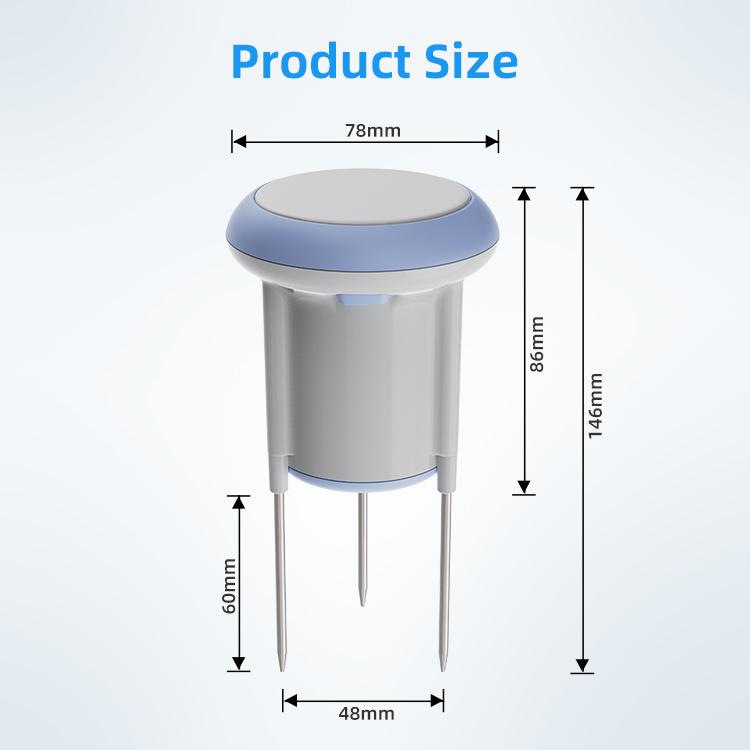 Smart soil sensor size diagram showing 78mm diameter and 146mm height