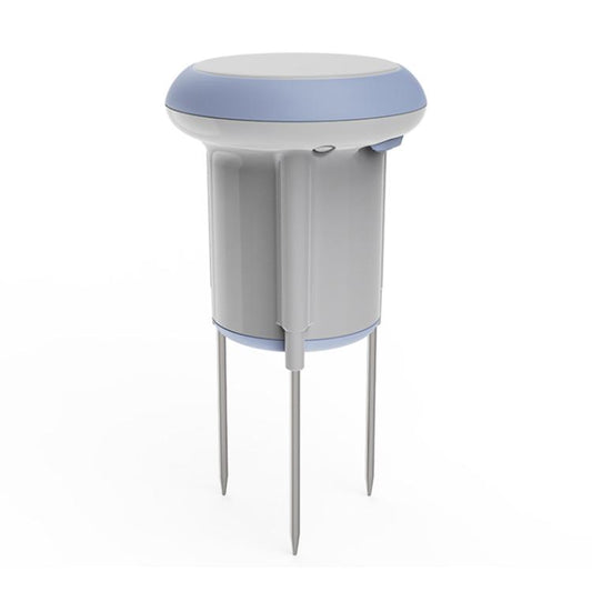 White and blue smart soil sensor stake with rounded cap and two pointed probes