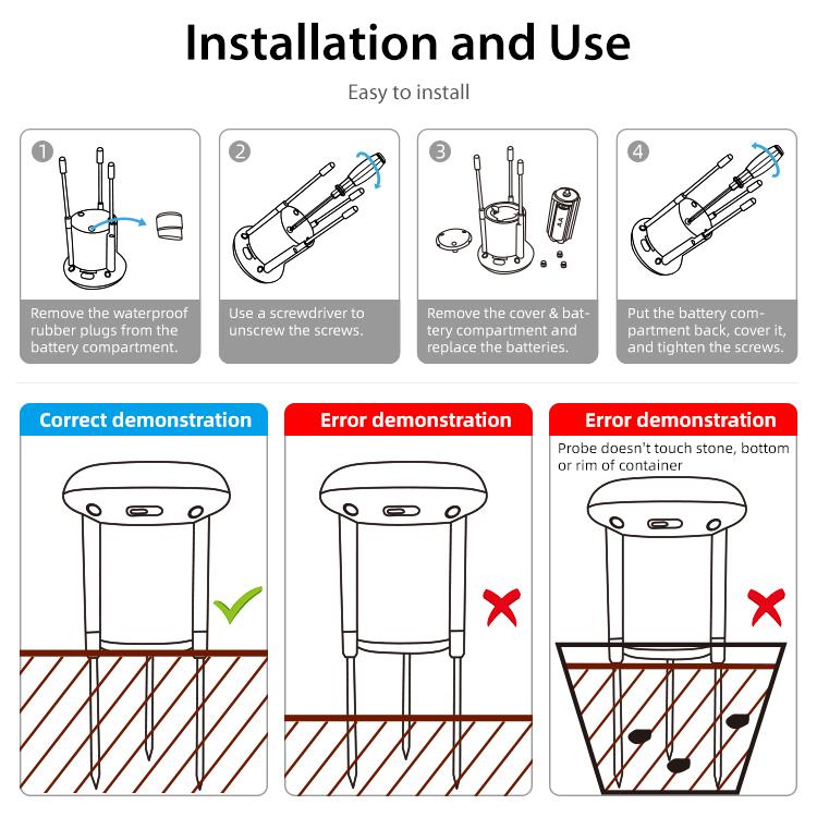 WiFi smart soil sensor installation guide showing correct and error setup steps