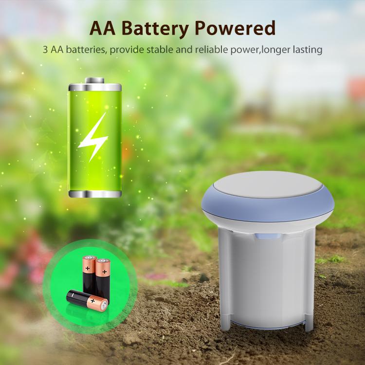Smart soil sensor with blue cap in soil, shown with battery power icon