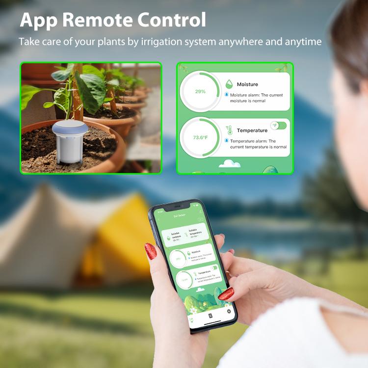 Smart soil sensor in soil with smartphone screen showing app remote control