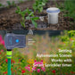 WiFi smart soil sensor with three-prong probe inserted in garden soil