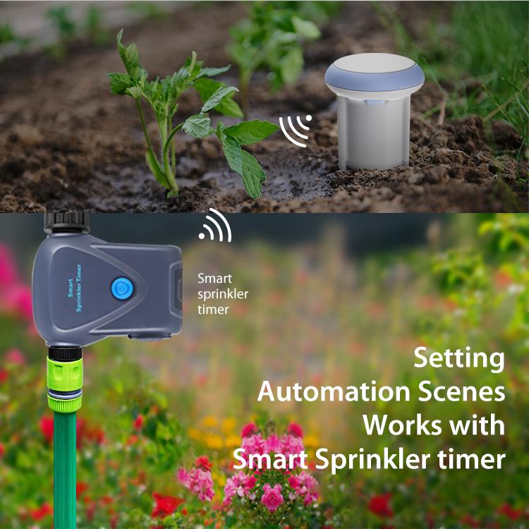 WiFi smart soil sensor with three-prong probe inserted in garden soil