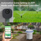 WiFi smart soil sensor with three-prong probe beside garden sprinkler line