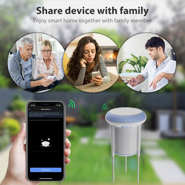 WiFi smart soil sensor with three-prong probe near outdoor plants