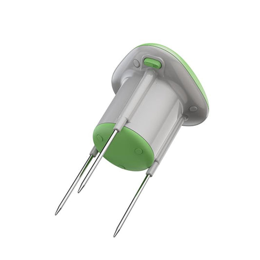 Smart solar soil sensor with green top ring, gray canister, three metal pins
