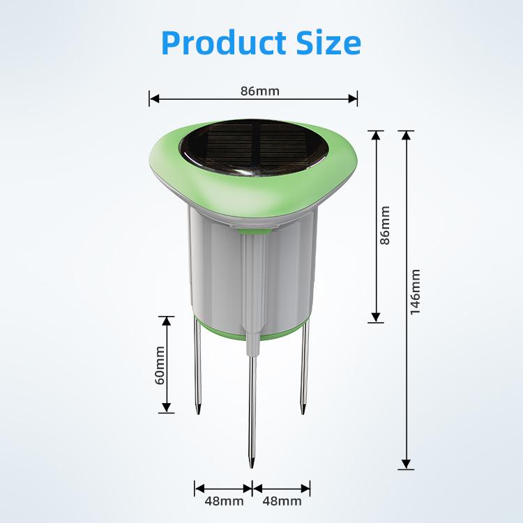 Smart solar soil sensor size diagram with green top cap, gray body, dimension labels