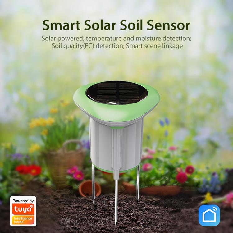 Smart solar soil sensor in soil with green top cap, gray canister, three metal stakes