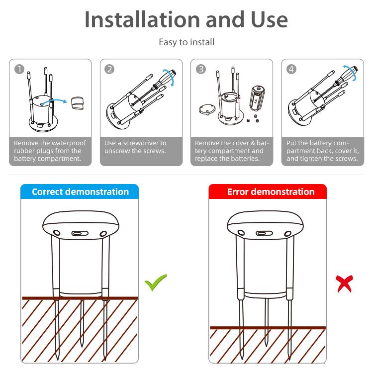 Solar soil sensor installation steps diagram with battery cover and screw positions