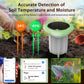 Smart solar soil sensor showing temperature and moisture detection graphics