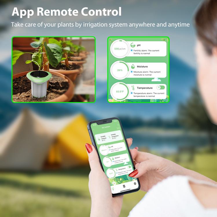 Smart solar soil sensor with app remote control illustration on a smartphone