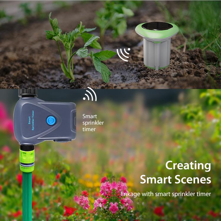 WiFi smart solar soil sensor stake with green solar cap and two metal probes