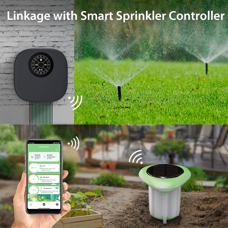 Solar soil sensor device in garden soil with green top and two grounding pins