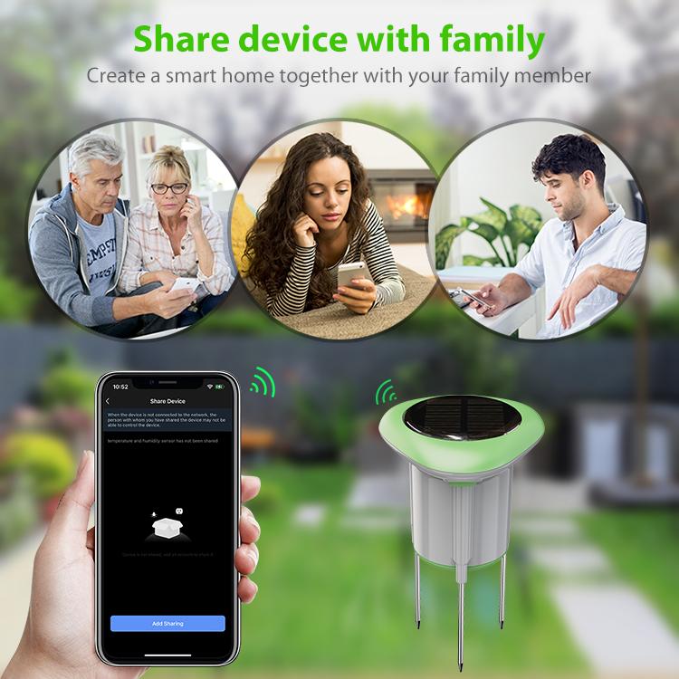 WiFi smart solar soil sensor with green cap and two metal probes for outdoor use
