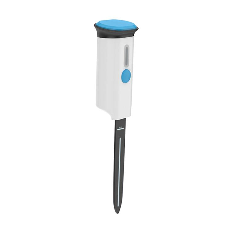 WiFi smart indoor soil sensor with blue button and tapered black probe