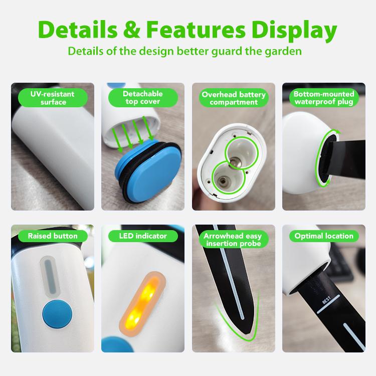 Soil sensor design close-ups: detachable cover, battery, LED indicator