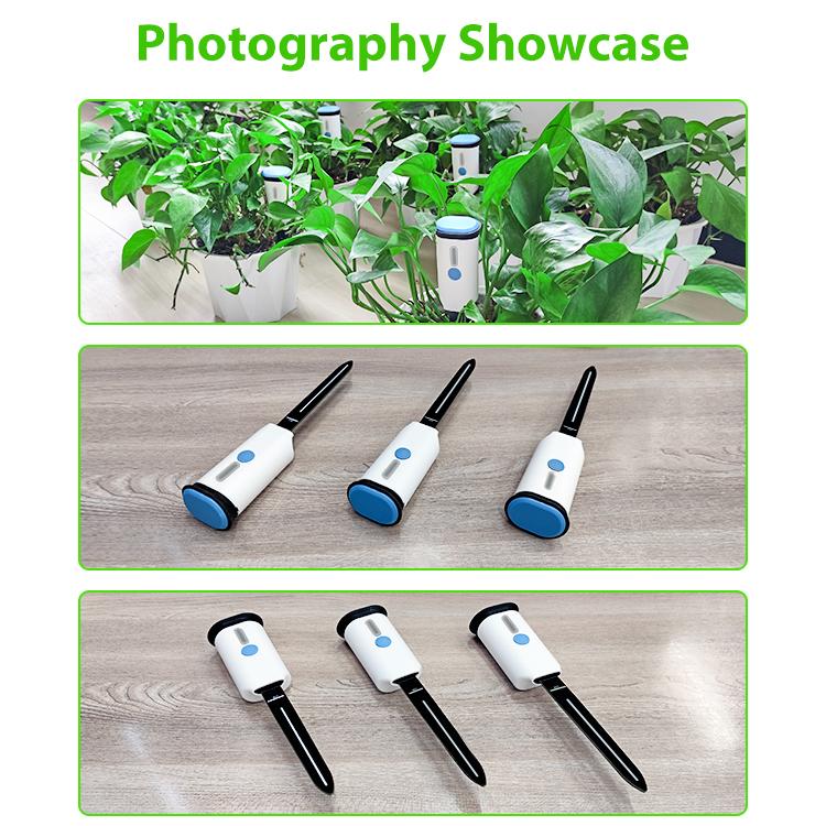 Set of soil sensor probes with white bodies and black grounding stakes