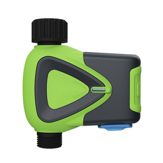 Green WiFi smart sprinkler timer with black dial and threaded hose connector