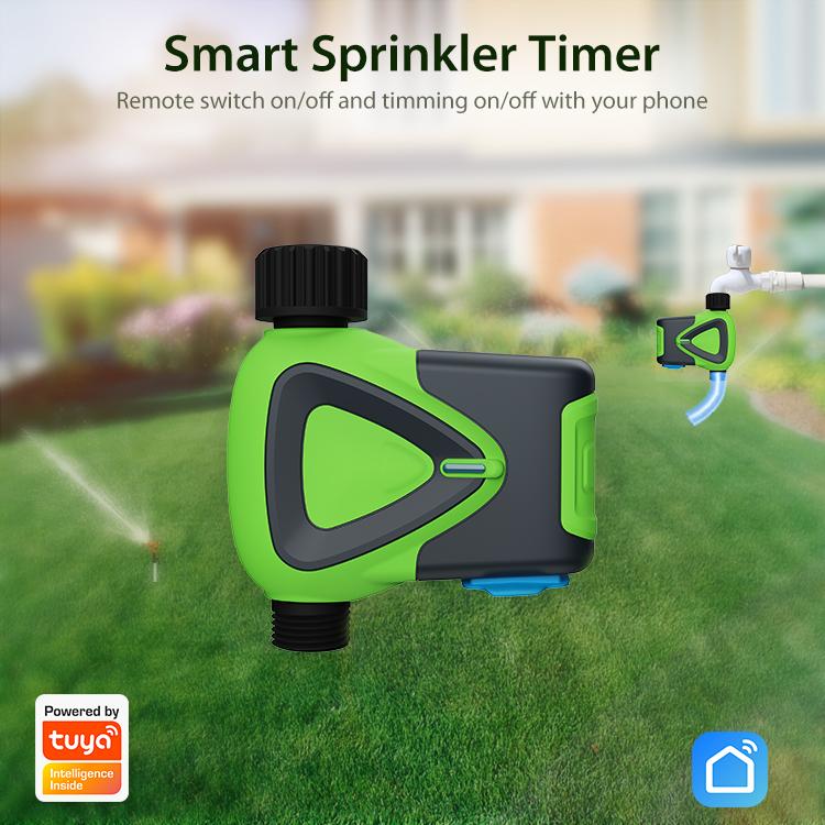 Green WiFi smart sprinkler timer with black top dial and water flow outlet
